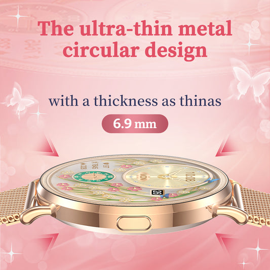 Dames Smartwatch Goud Staal - 1,32 Inch AMOLED Scherm, Ultradun Ontwerp, 3D Dynamische Interface, Fitness Tracker