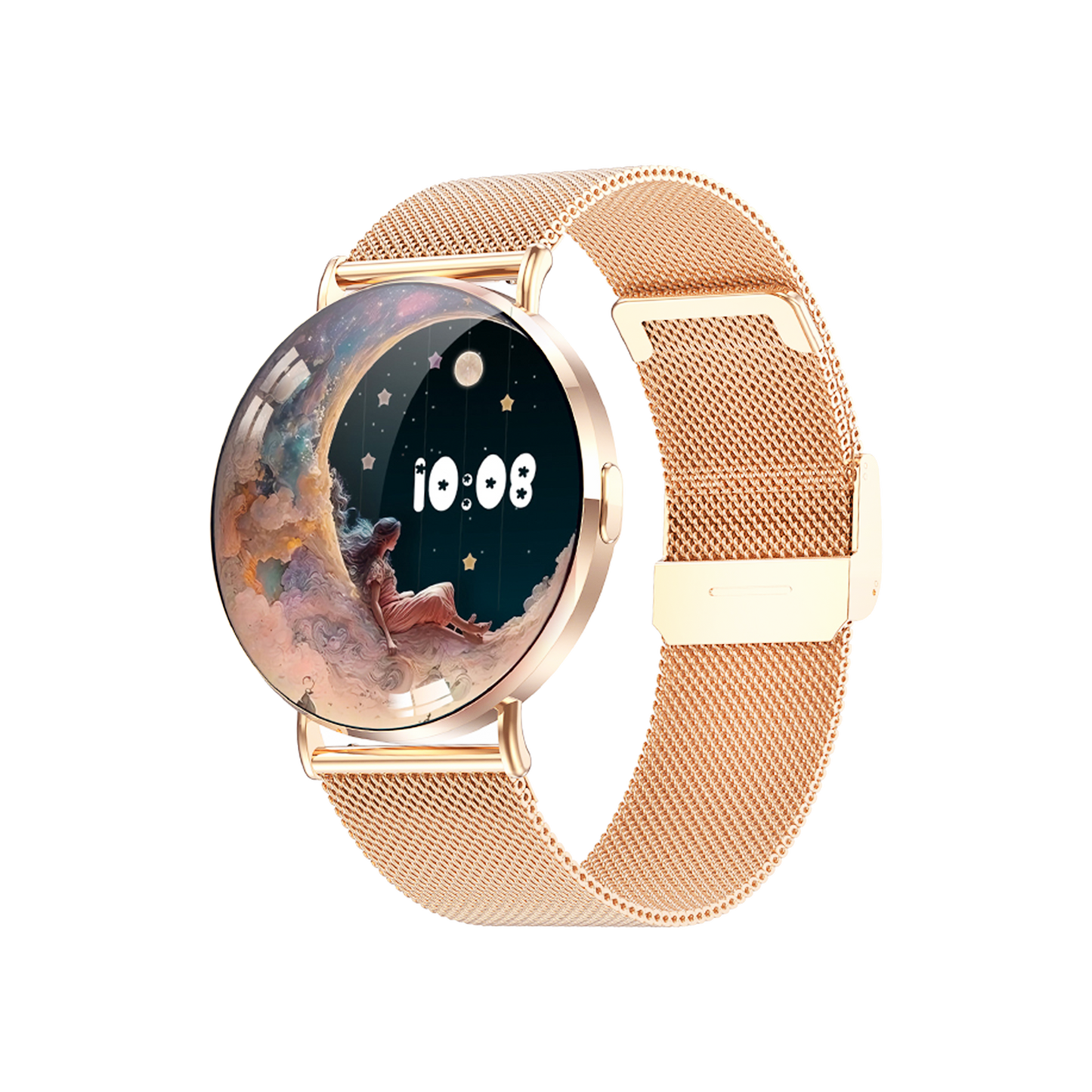 Dames Smartwatch Goud Staal - 1,32 Inch AMOLED Scherm, Ultradun Ontwerp, 3D Dynamische Interface, Fitness Tracker