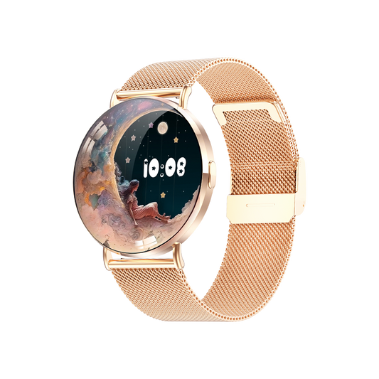 Dames Smartwatch Goud Staal - 1,32 Inch AMOLED Scherm, Ultradun Ontwerp, 3D Dynamische Interface, Fitness Tracker