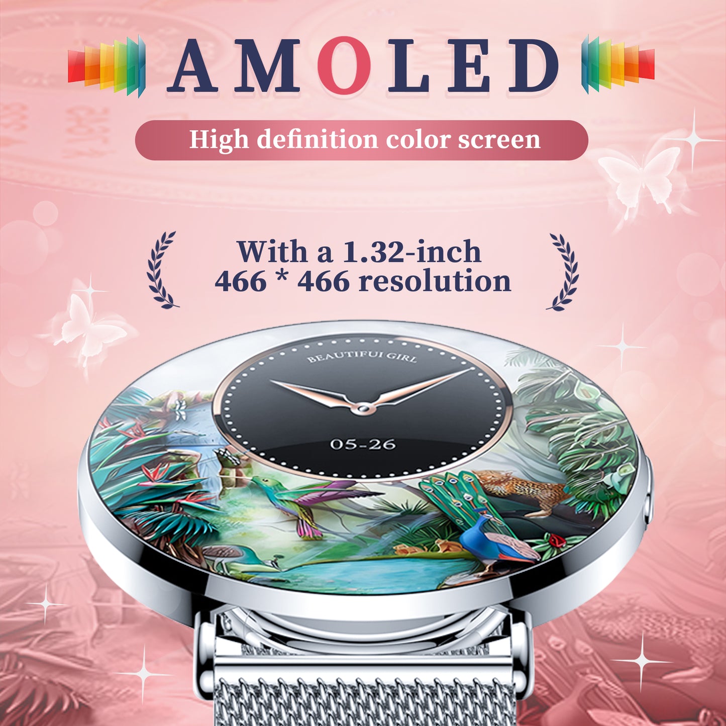 Dames Smartwatch Goud Staal - 1,32 Inch AMOLED Scherm, Ultradun Ontwerp, 3D Dynamische Interface, Fitness Tracker