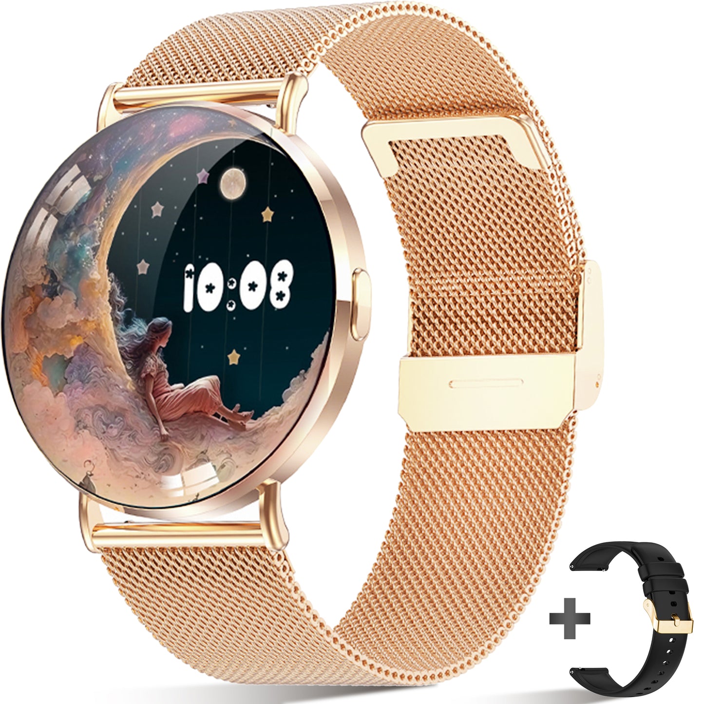 Dames Smartwatch Goud Staal - 1,32 Inch AMOLED Scherm, Ultradun Ontwerp, 3D Dynamische Interface, Fitness Tracker